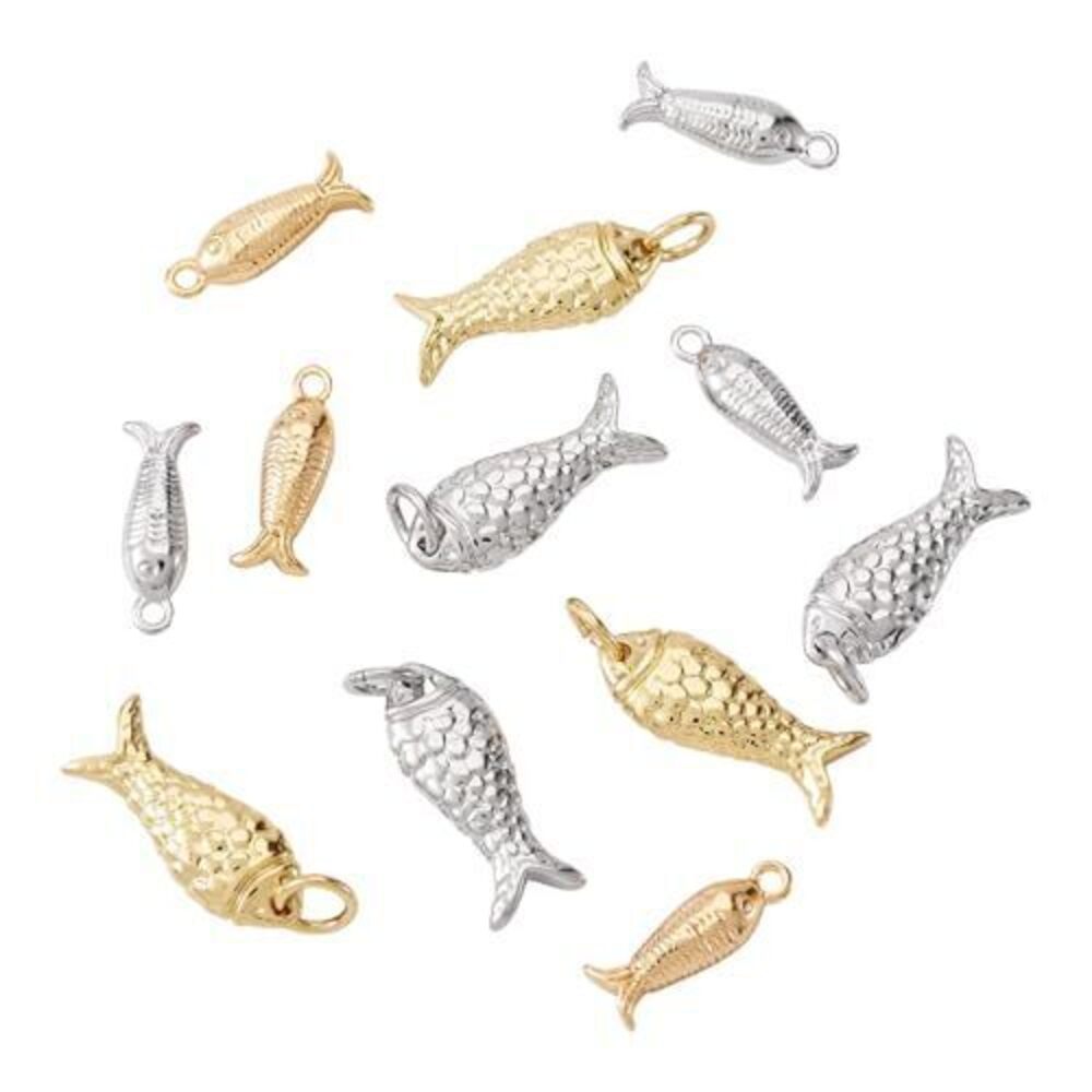 8197 12 Pieces Brass Fish Charms Two Tone Ocean Animals Fishing Pendants